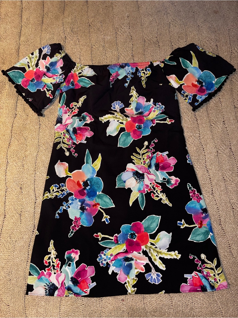 Hutch Floral Off-Shoulder Pom Pom Mini Dress Black Size 2
